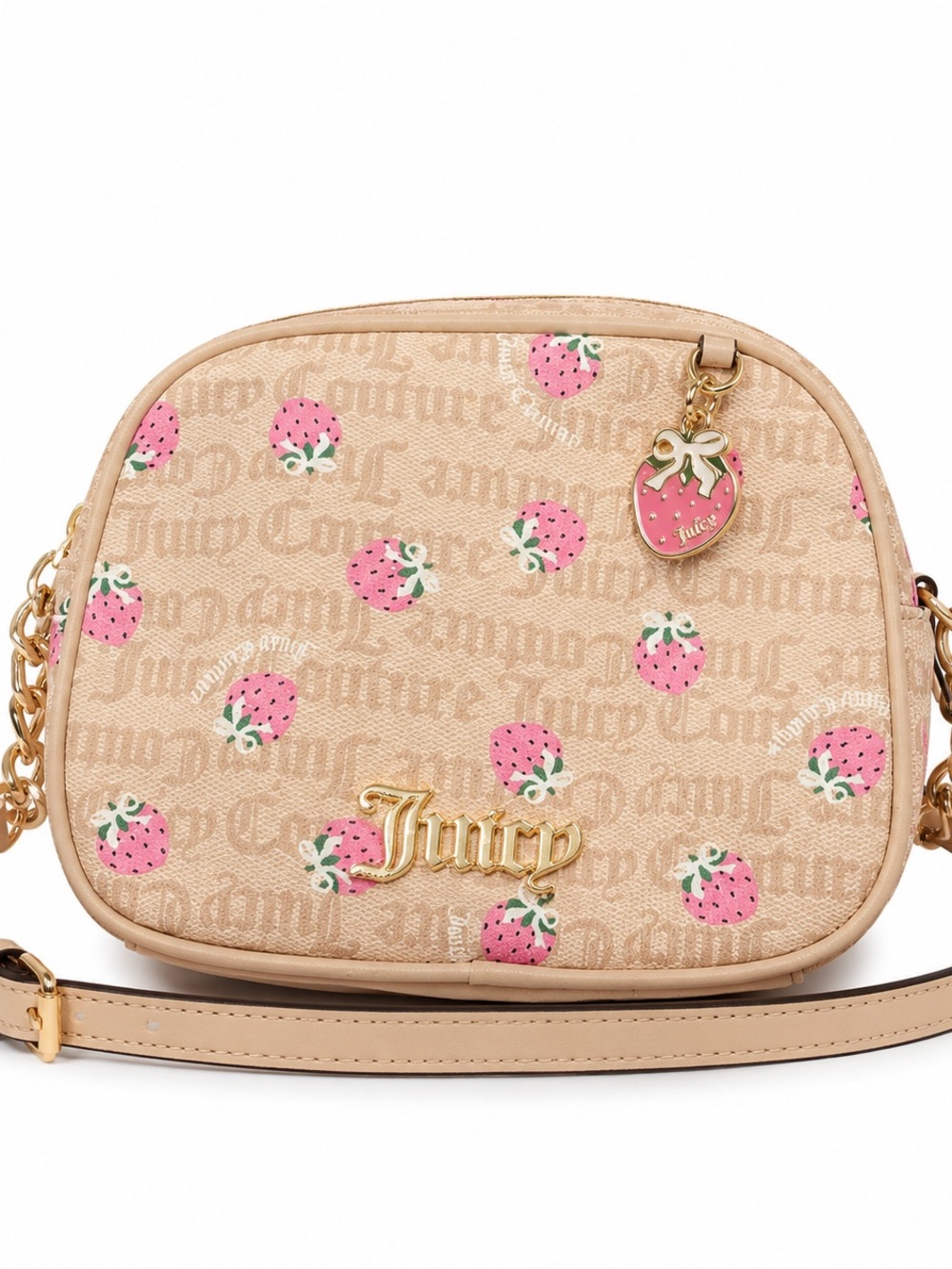 Juicy Couture Beige & Pink Strawberry Print Crossbody Bag